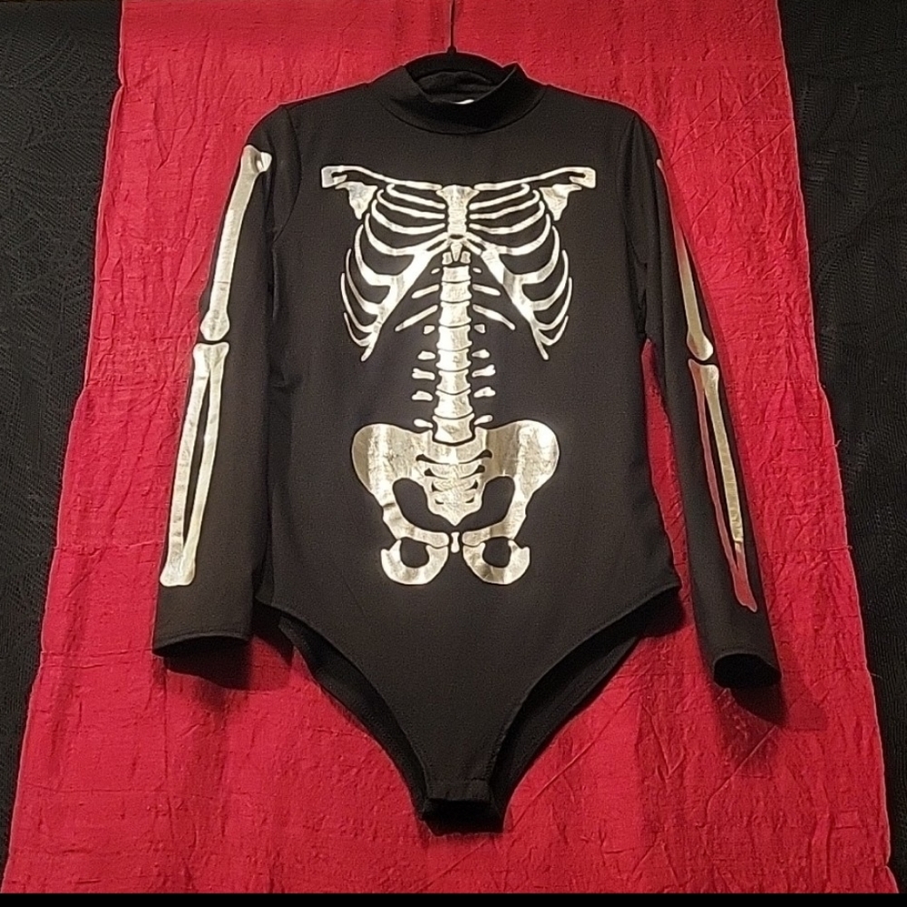 Gaze blk metallic glitter skeleton ribcage anatomy graphics bodysuit M NWOT